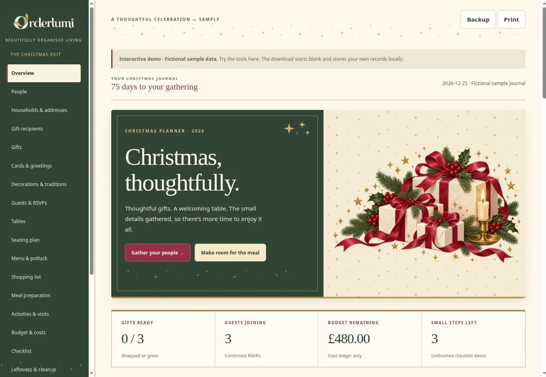 Genuine Orderlumi Christmas Planner application dashboard screenshot